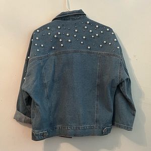 Cropped Denim Jacket with Pearl Details